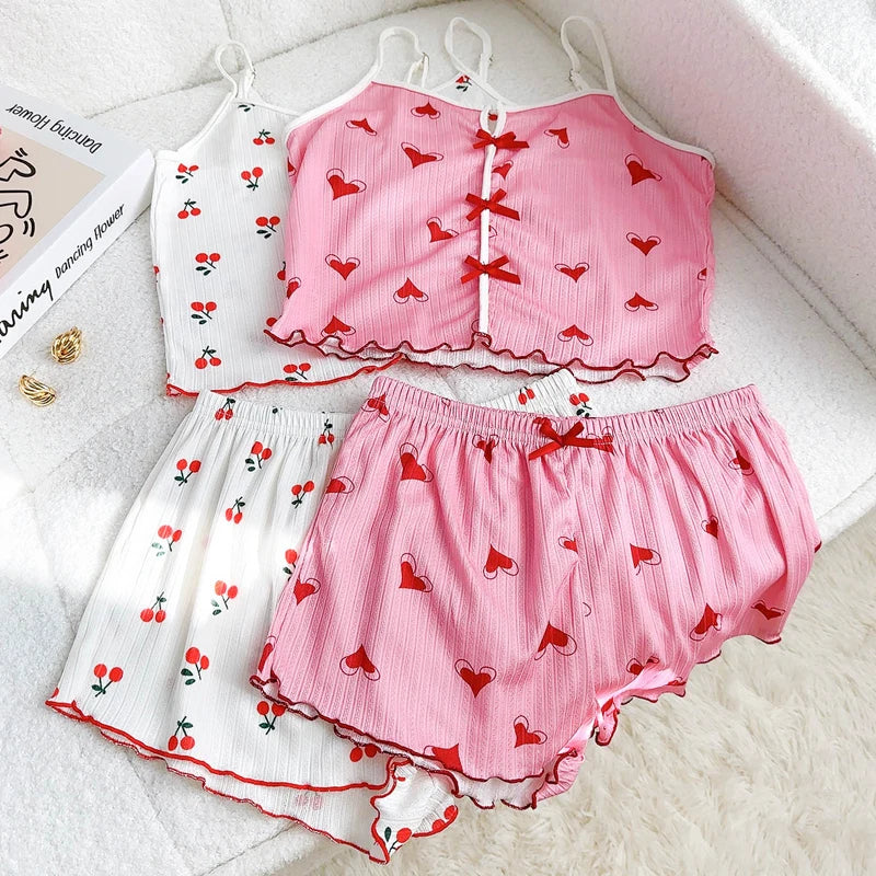 Conjunto de pijama y pantalones cortos con tirantes finos para mujer, ropa de dormir con estampado de corazón de cereza, ropa de dormir Sexy con lazo bonito, S-XL