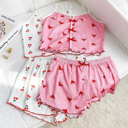 Conjunto de pijama y pantalones cortos con tirantes finos para mujer, ropa de dormir con estampado de corazón de cereza, ropa de dormir Sexy con lazo bonito, S-XL