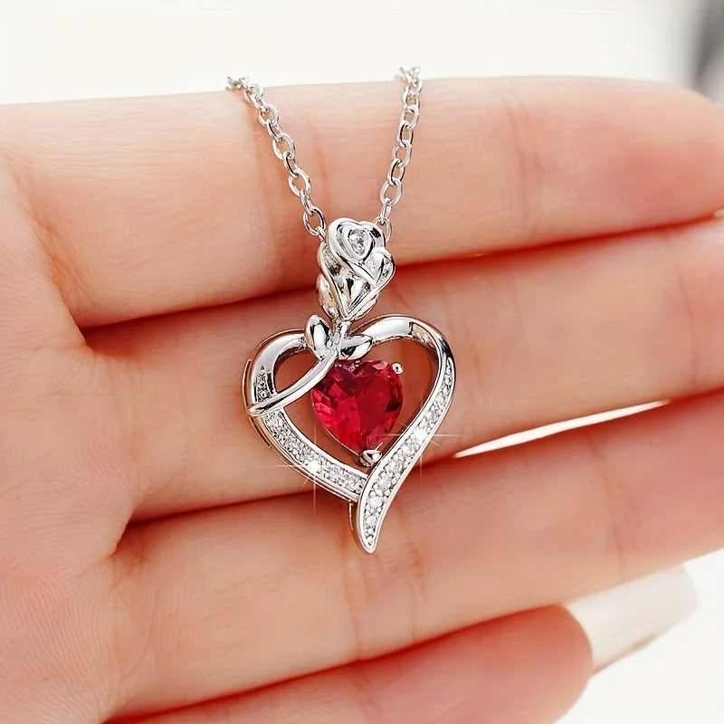 Collar de corazón de circón rojo de lujo con caja de regalo rosa para novia, cumpleaños, Navidad, regalo de San Valentín, accesorios románticos 2023